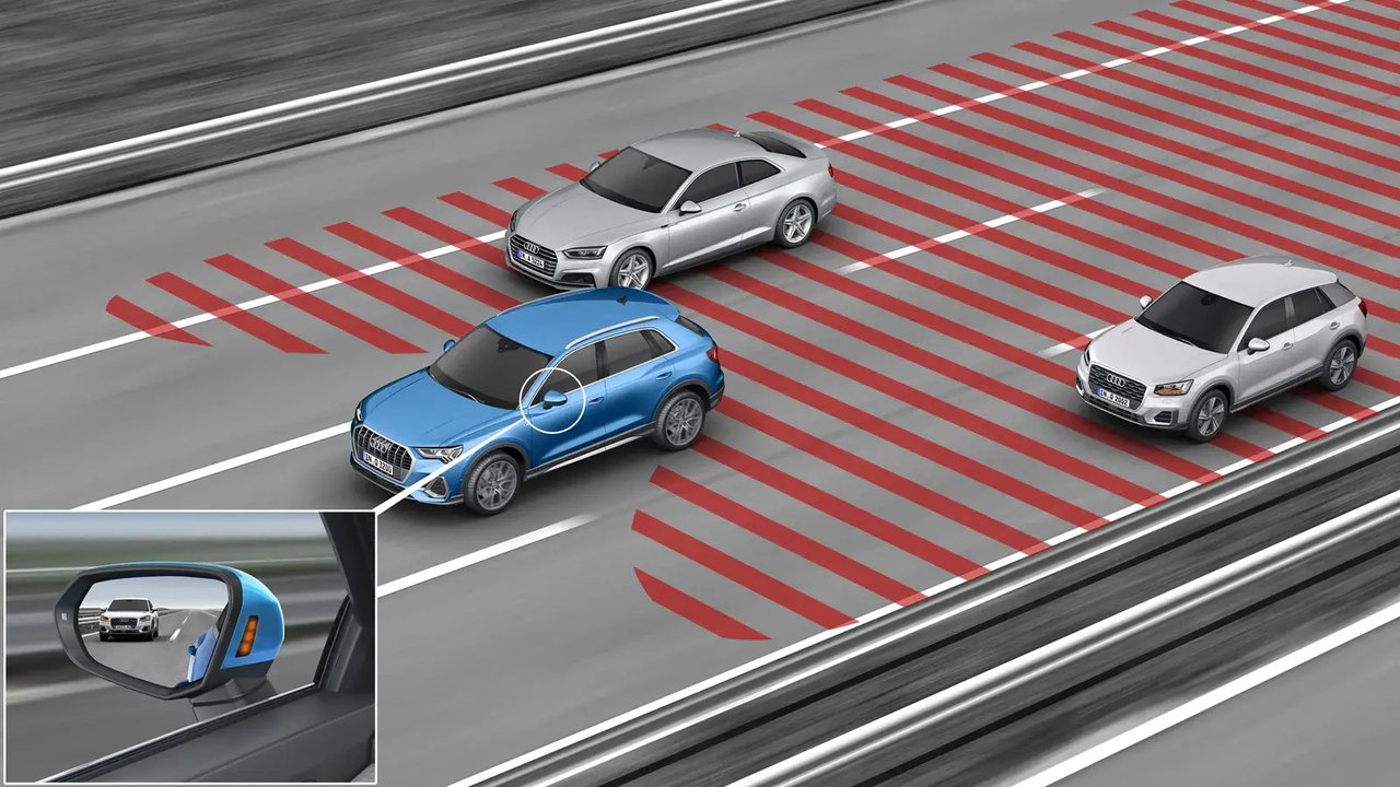 Illustrative reference image: adjacent-lane detection and blind spot coverage