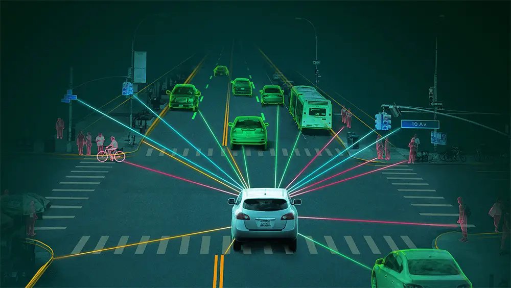 Illustrative reference image: camera perception of road users and lane context