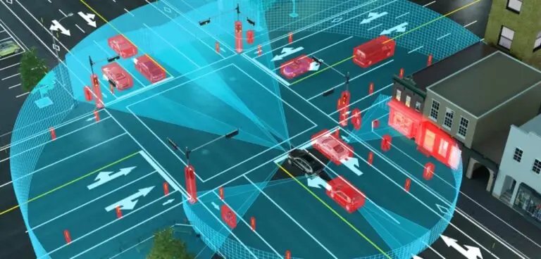 Illustrative reference image: intersecting road users and sensing in an urban scenario