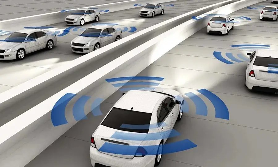 Illustrative reference image: vehicle sensing in a multi-lane road environment