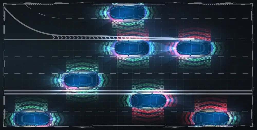 Illustrative reference image: connected sensing coverage between vehicles