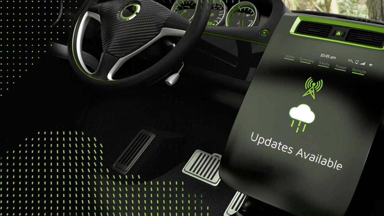 Illustrative reference image: software update availability in a vehicle context